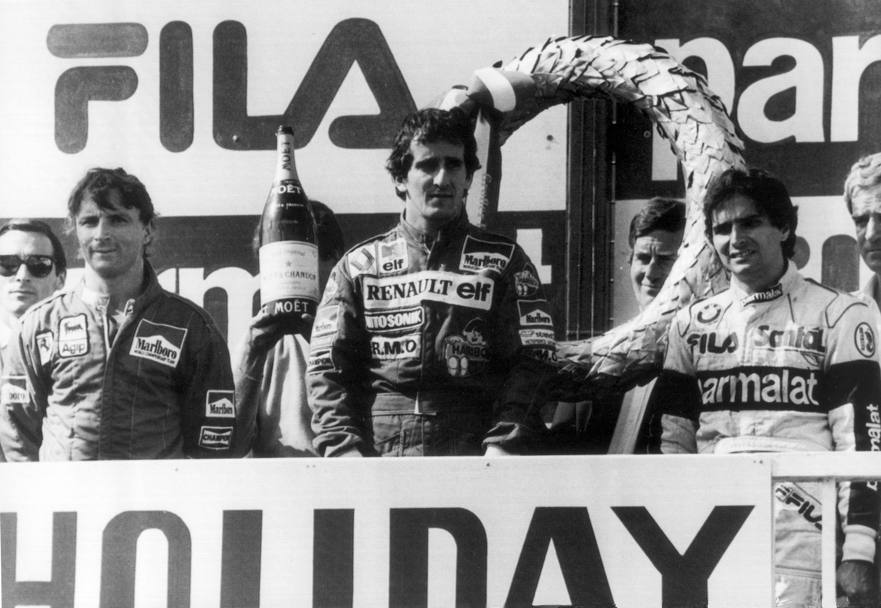 Il podio del Gp d&#39;Austria del 1983: 1 Prost (Renault), 2 Arnoux (Ferrari), 3 Piquet (Brabham-Bmw)